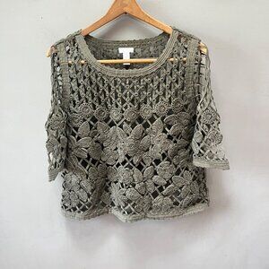 Chicos Olive Green Crochet Lace Blouse Top Womens Size 1 (M) Open Sleeve Design